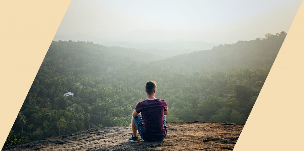 A person looking out over a mountain cliff with trees in the background